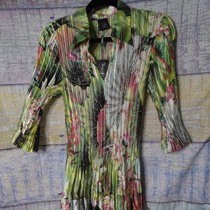MAGIC SCARF Mini Pleats One Size Lime/Coral Floral Collared Dress 3/4 Sleeve